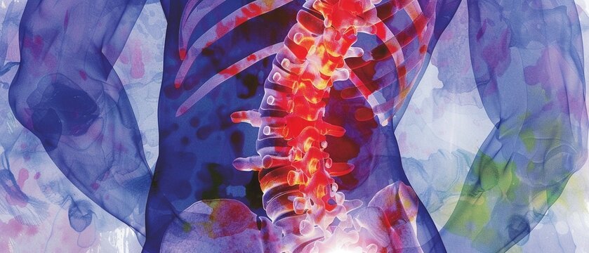 An abstract representation of the pain in the lumbar spine and spinal cord, with a man experiencing human back pain The image features the spinal cord injury pain in sacral region, highlighted in glow