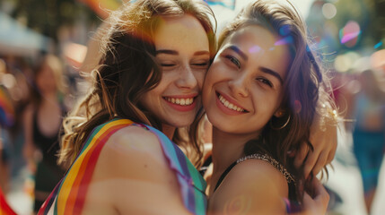 Fototapeta premium Cheerful friends lesbian girls at the pride parade, lgbtq community