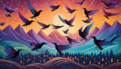 Illustrate the playful antics of a flock of starlings as they swoop and dive in synchronized harmony, creating mesmerizing patterns in the air.vecteur, illustration, arbre, art, orange, halloween, 