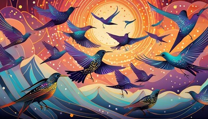 Illustrate the playful antics of a flock of starlings as they swoop and dive in synchronized harmony, creating mesmerizing patterns in the air.vecteur, illustration, arbre, art, orange, halloween, 