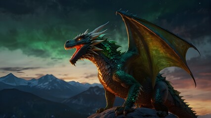 A fierce dragon with emerald scales, perched on a mountaintop, breathing fire into the night sky.