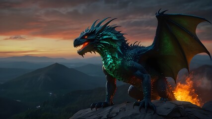 A fierce dragon with emerald scales, perched on a mountaintop, breathing fire into the night sky.