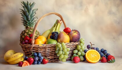 Variety of fruits in wicker basket 