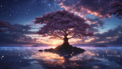 A large tree with pink blossoms sits on a small island in the middle of a lake. - Powered by Adobe