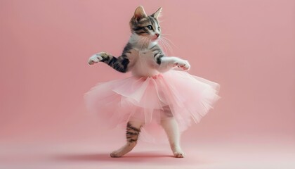 Cat wearing in pink dress dancing	
