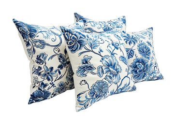 White And Indigo Luxury Pillow With Floral Pattern Isolated On Transparent Background 