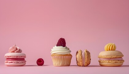 Desserts,cup cake,red velvet cake ,macaron ,croissant	
