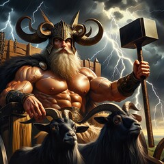 The great Nordic god Thor with his chariot, goats and his hammer Mjölnir. God of thunder, lightning, strength and fertility. Ancient Norse mythology. Scandinavian. Germanic paganism. Generative AI