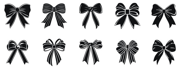 Stylish Black Ribbon Bows vector illustration. Different present decoration hand drawn black on white background. Satin gift bow silhouette.
