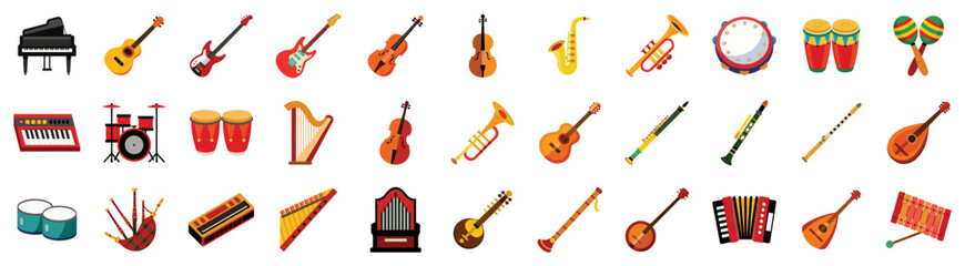 Musical instruments Icons set, vector flat cartoon illustration. Music - piano, guitar, violin, percussion, saxophone, trumpet, drums, tambourine, ukulele.