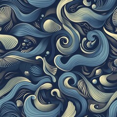 Nautical Waves and Marine Life Seamless Pattern Design
