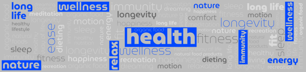 Healt word cloud. Wordcloud made with text only. Vector illustration. Typography background