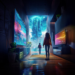 The family returns from a walk to a hotel room wirh big LED TV overlooking a huge, futuristic skyscraper. Fantasy illustration, future, parenting, travel.