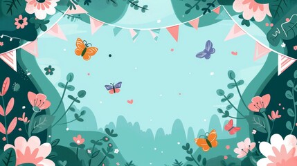 Enchanted Garden Party Background with Fluttering Butterflies and Flowers