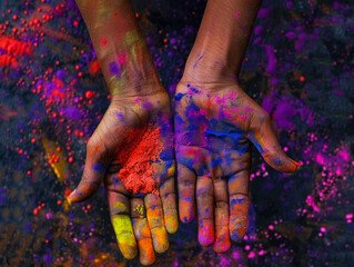 A woman's hands are covered in colorful paint.