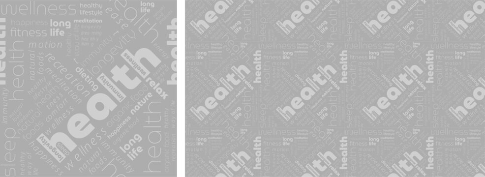 Seamless texture with text health, healthy lifestyle, wellness. Health word cloud background. Typography background