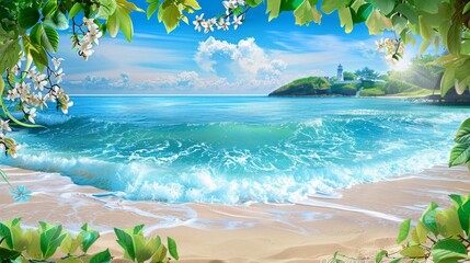 Serene Tropical Beach Landscape with Lush Foliage and Lighthouse