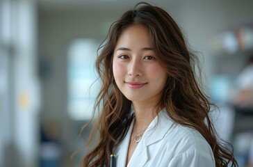 Fototapeta premium A beautiful young woman with long hair is wearing a white coat and smiling for the camera.