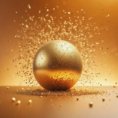Abstract 3d render of golden sphere with confetti on orange background