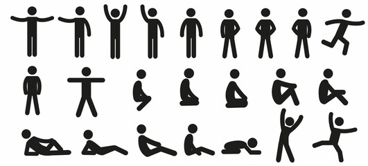 a human figurine, an isolated pictogram of people, a set of different poses and gestures, many human figures in different poses