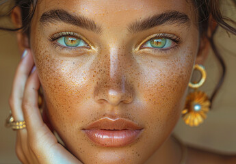 A beautiful woman with clean, fresh skin touching her face