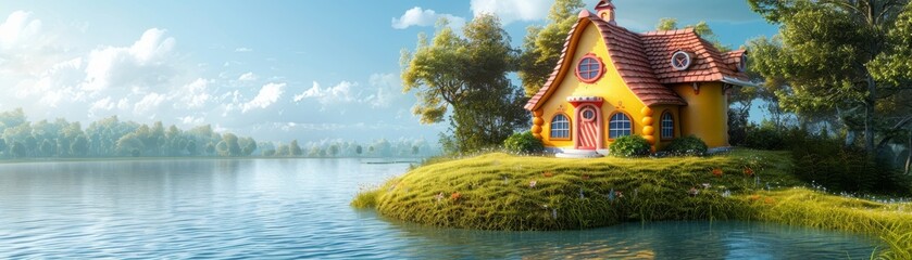 A small yellow house sits on a hill overlooking a body of water