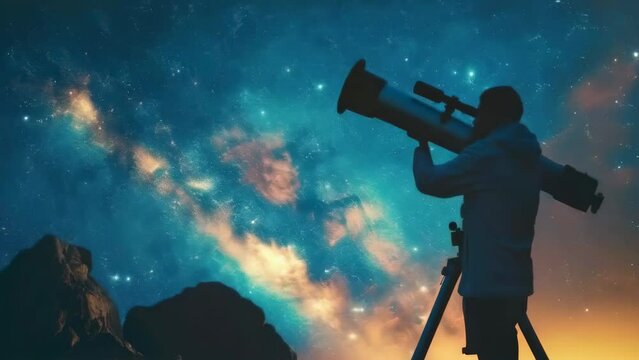 Awe-inspiring scene of a person using a telescope against a backdrop of a star-filled sky and vibrant nebulae, capturing the vastness and beauty of the universe and human quest for cosmic knowledge