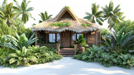 Fototapeta premium A small house with a thatched roof and palm trees in the background
