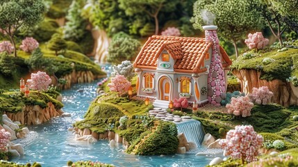 Naklejka premium A small house with a chimney sits on a hillside next to a river