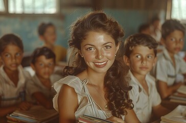 Fototapeta premium A woman in a white dress looking at the camera. She is surrounded by other people in a classroom setting.