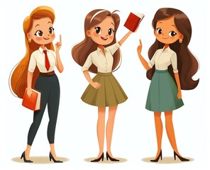 Three cartoon girls wearing different outfits and accessories, such as a tie, a skirt, and a book. They are all smiling and pointing at something.