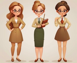 Three women wearing suits, one with a skirt, one with a tie, and one with a jacket and skirt. They are standing next to each other and wearing glasses.
