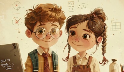 A boy and a girl wearing glasses and ties are smiling at the camera.