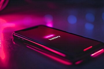 A smartphone with charging battery lying on a surface, bathed in vivid pink and blue neon lights.
