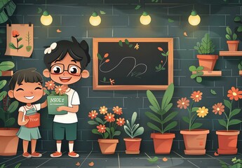 Two children are standing in front of a chalkboard with flowers. One of the children is holding a green box, and they are both smiling.