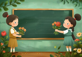 Two girls are holding flowers in front of a chalkboard, possibly in a classroom setting. One girl is wearing a dress, and the other is wearing a skirt. 