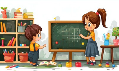 Two children standing in front of a chalkboard, learning math together.