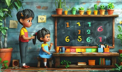 Two children are standing in front of a chalkboard, with one of them brushing her hair. They are surrounded by potted plants and a table with cups and books on it.