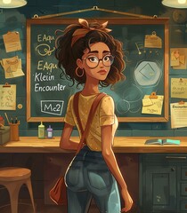 A girl wearing glasses and a bow in her hair stands in front of a chalkboard with Kleen Encounter written on it. She has a backpack and is wearing a yellow shirt.