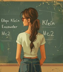 A girl wearing glasses and a ponytail standing in front of a chalkboard with equations written on it.