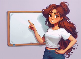 A girl in a white shirt and jeans is pointing at a whiteboard, possibly giving a presentation or teaching a class.