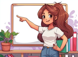 A cartoon girl wearing a white shirt and blue jeans is pointing at a whiteboard. She is smiling and appears to be teaching or explaining something.