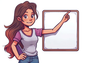 A woman with a book in her hand pointing at a whiteboard. She is wearing a pink shirt and jeans.