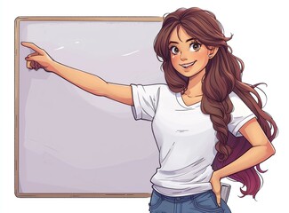 A cartoon image of a woman in a white shirt pointing at a white board.