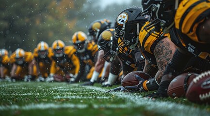 A group of football players lined up on a field, ready for a play.