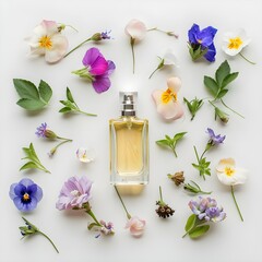 bottle of perfume with flowers on white background
