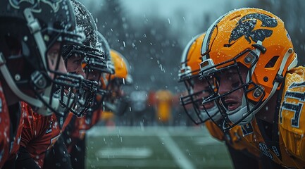Football players wearing helmets and pads, standing on a field in the rain. They are facing each other, possibly discussing the game or strategizing.
