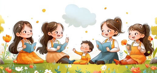 Three girls are sitting on the grass, each holding a book and reading. They are surrounded by flowers, and there is a cloud in the background.
