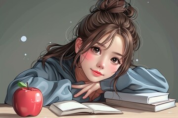 A girl is seen reading a book while holding an apple. She is wearing a blue shirt and has her hair in a bun.