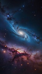 Immersive galaxy scene, deep space universe backdrop featuring cosmic nebulae and swirling galaxies.